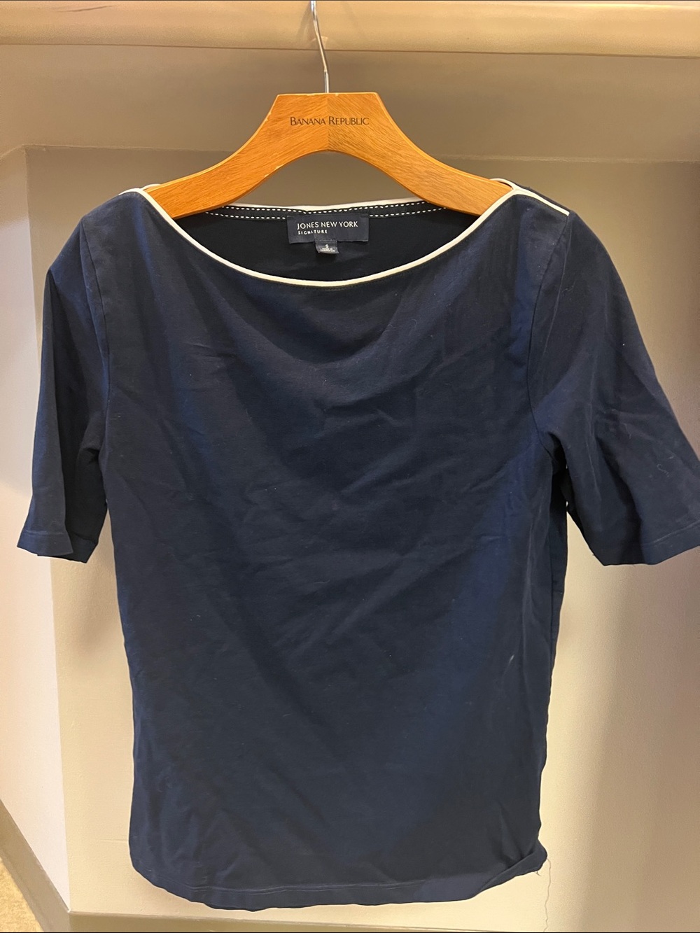 Jones New York Navy Short-Sleeve Boatneck Top with White Trim